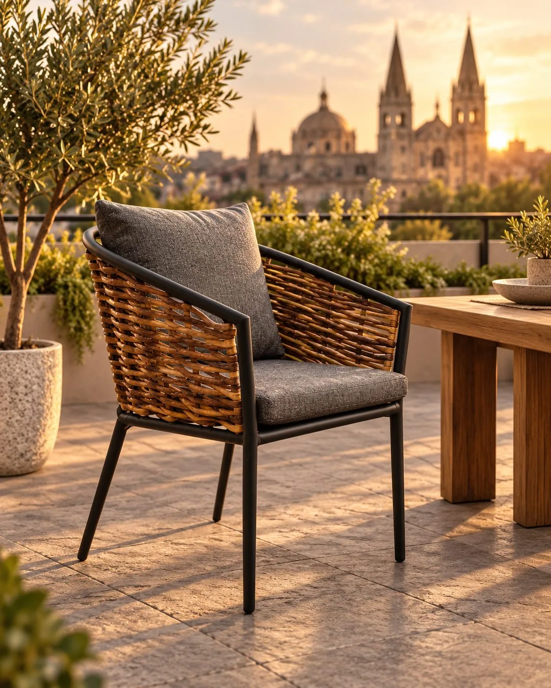 Silla Tejida Tulum en terraza con vista a la Catedral de Guadalajara